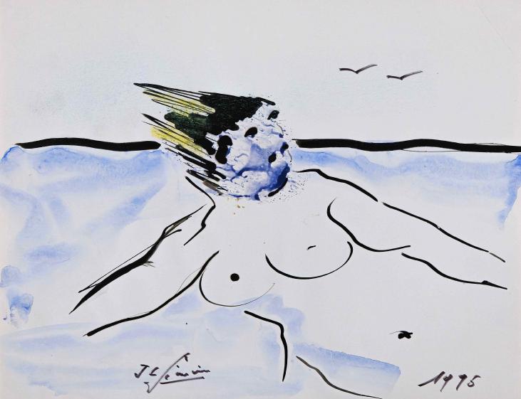 Jean-Louis SIMONIN - Original Painting - Gouache - Naked on the beach