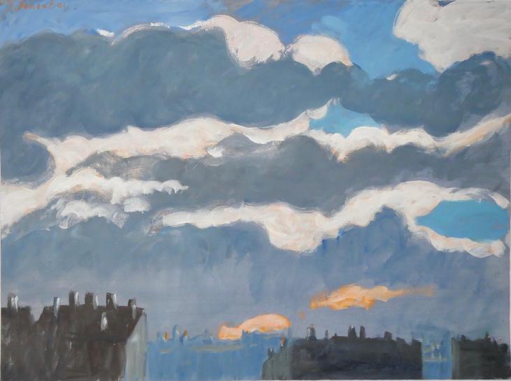 Jacques PONCET - Original painting - Gouache - Roofs of Lyon in gray weather 2