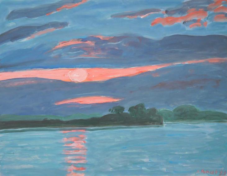 Jacques PONCET - Original painting - Gouache - Pink sun on the shore