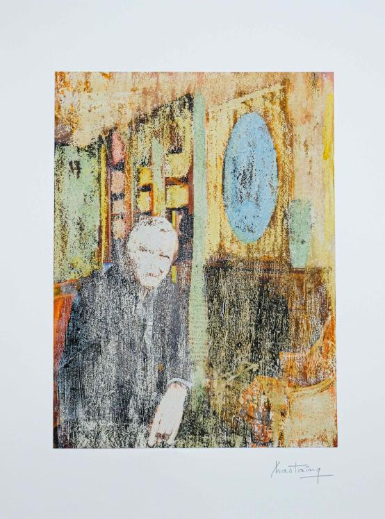 Jean Claude Chastaing - Peinture originale - Grattage sur image - Portrait intérieur