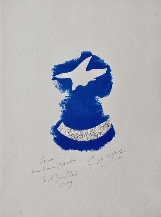 Georges BRAQUE - Estampe originale - Lithographie - Oiseau blanc sur fond bleu (Tir à l'Arc) 1