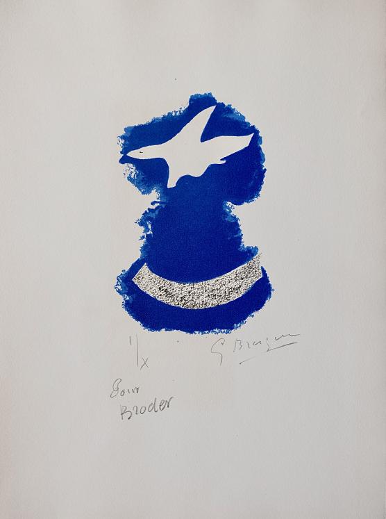 Georges BRAQUE - Estampe originale - Lithographie - Oiseau blanc sur fond bleu (Tir à l'Arc) 2