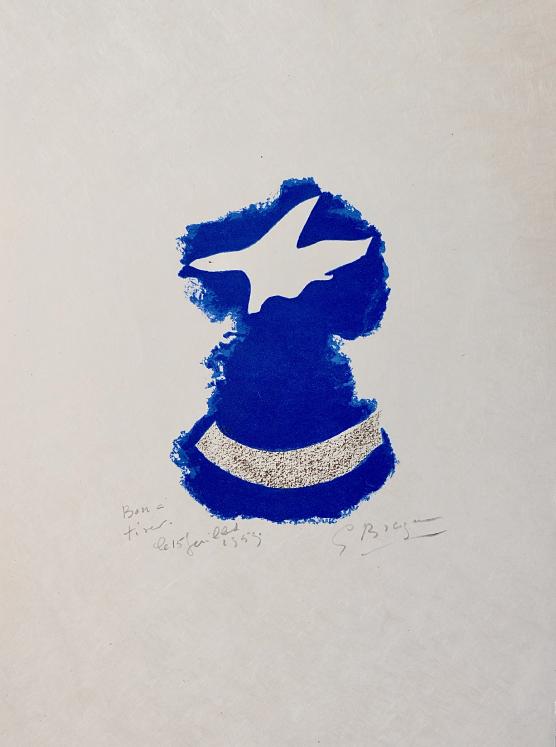Georges BRAQUE - Estampe originale - Lithographie - Oiseau blanc sur fond bleu (Tir à l'Arc) 3