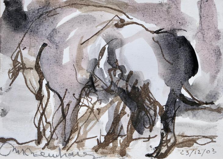 Magdalena Reinharez - Peinture originale - Lavis encre noire - Éléphant
