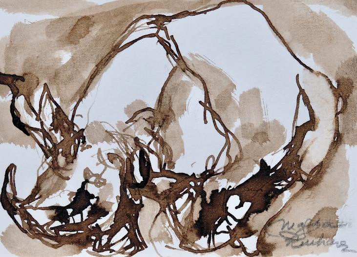 Magdalena Reinharez - Peinture originale - Lavis encre brune - Rhinocéros