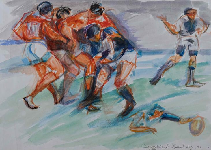 Magdalena Reinharez - Peinture originale - Aquarelle rehaussée à la pastel - Rugby