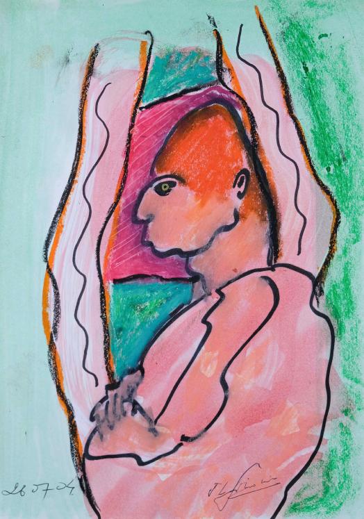 Jean-Louis SIMONIN - Peinture originale - Gouache et pastel - Réflexions devant inconnu