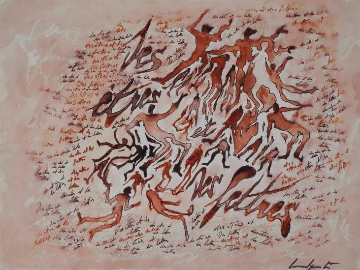 Bernard QUENTIN - Peinture originale - Lavis à l'encre - Personnages ocres