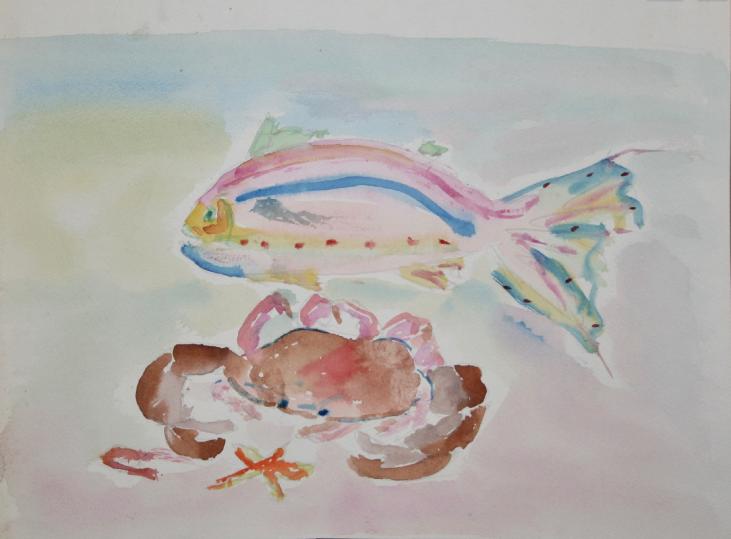 Pierre Bosco - Peinture originale - Aquarelle - Poisson et crabe
